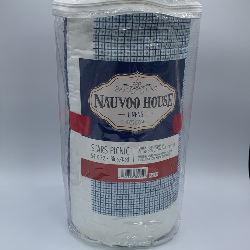 Nauvoo House Linens “Stars Picnic” Quulted Blue/Red 54 x 72 Blanket Throw